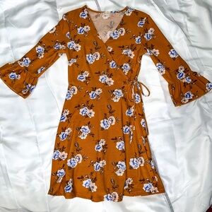Altar’d State Mustard Yellow Floral Faux Wrap Midi Dress size small